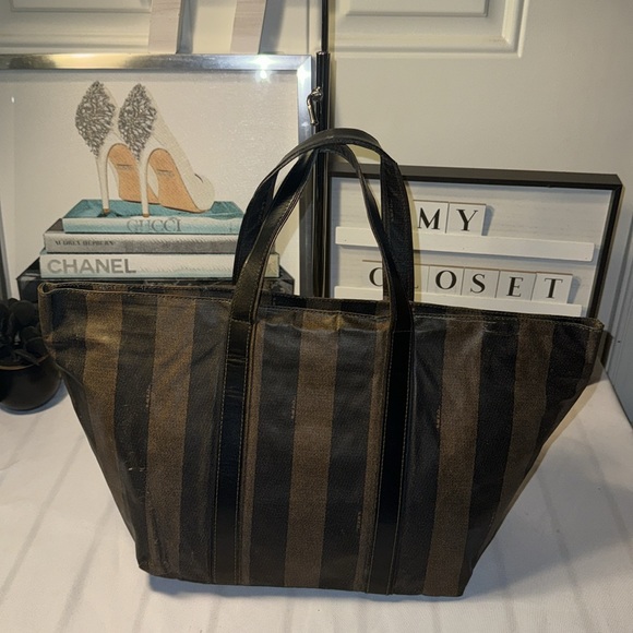 Fendi, Pequin Stripes PVC Handbag Tote 10in x 9in x 7.5in GUC - Picture 4 of 12